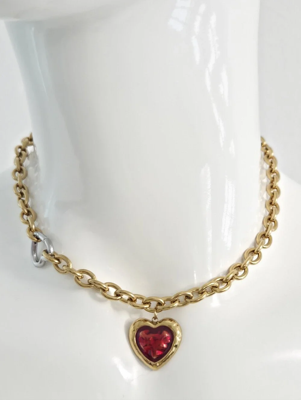Gold Chunky Chain Necklace with Red Heart Pendant & Heart Carabiner Clasp